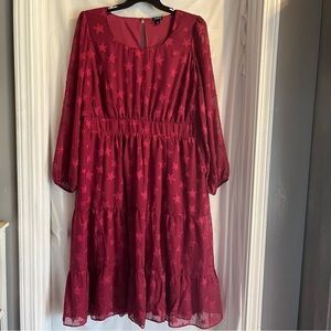 Torrid 2X A-Line Dress Burgundy Red Stars Long‎ Sleeve Midi Pockets Date Night